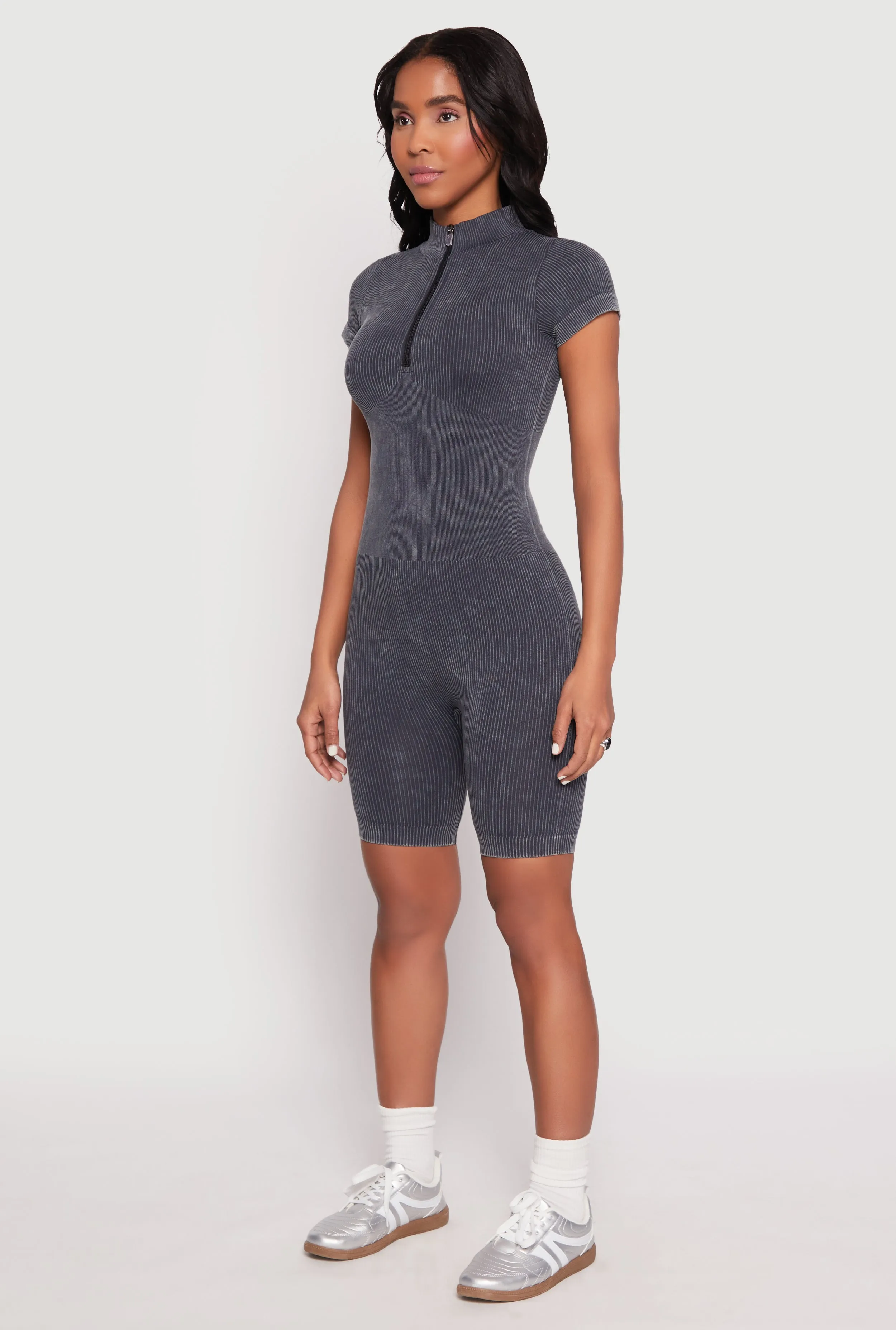 Acid Wash Biker Romper