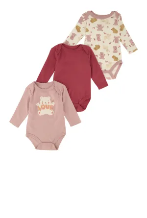 Baby Girls 0-9M Love Bear Graphic Bodysuits 3 Pack