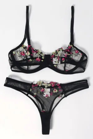 Black Floral Embroidery Lingerie Set