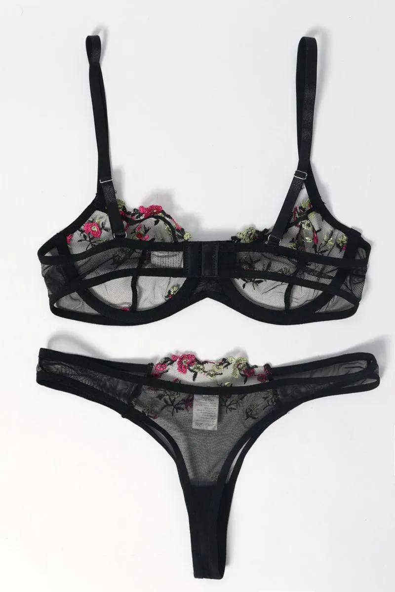 Black Floral Embroidery Lingerie Set