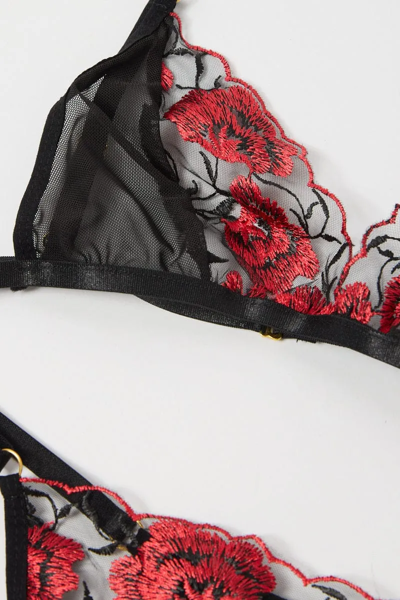 Black Floral Embroidery Lingerie Set