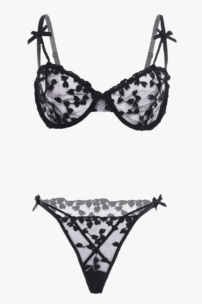 Black Heart Embroidery Lingerie Set