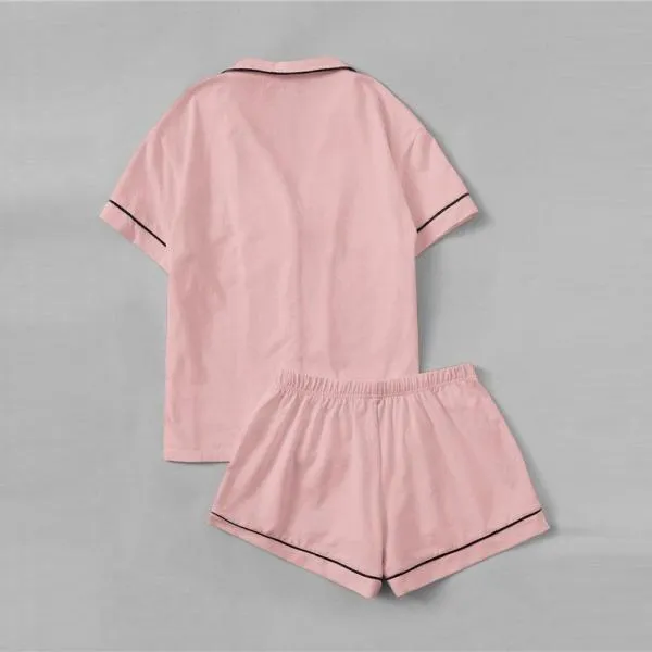 C4B Pink Contrast Piping Pocket Front Shirt Pajama Set Short Sleeve Lapel Top With Elastic Waist Shorts Womens Two Piece Sets