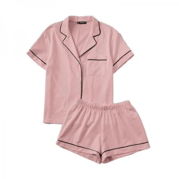 C4B Pink Contrast Piping Pocket Front Shirt Pajama Set Short Sleeve Lapel Top With Elastic Waist Shorts Womens Two Piece Sets