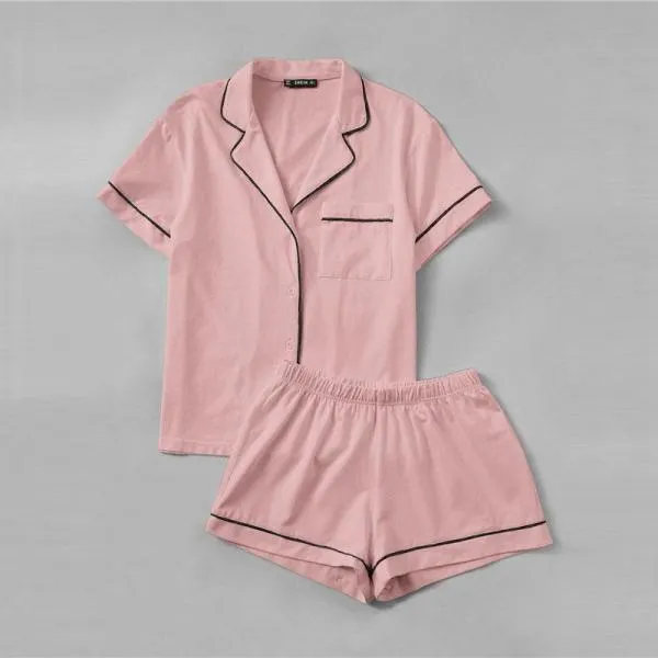 C4B Pink Contrast Piping Pocket Front Shirt Pajama Set Short Sleeve Lapel Top With Elastic Waist Shorts Womens Two Piece Sets