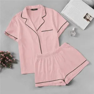 C4B Pink Contrast Piping Pocket Front Shirt Pajama Set Short Sleeve Lapel Top With Elastic Waist Shorts Womens Two Piece Sets