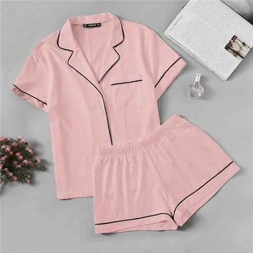 C4B Pink Contrast Piping Pocket Front Shirt Pajama Set Short Sleeve Lapel Top With Elastic Waist Shorts Womens Two Piece Sets