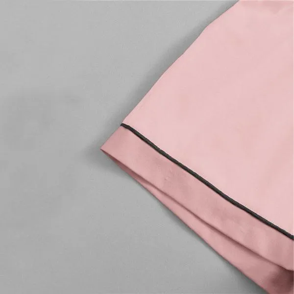 C4B Pink Contrast Piping Pocket Front Shirt Pajama Set Short Sleeve Lapel Top With Elastic Waist Shorts Womens Two Piece Sets