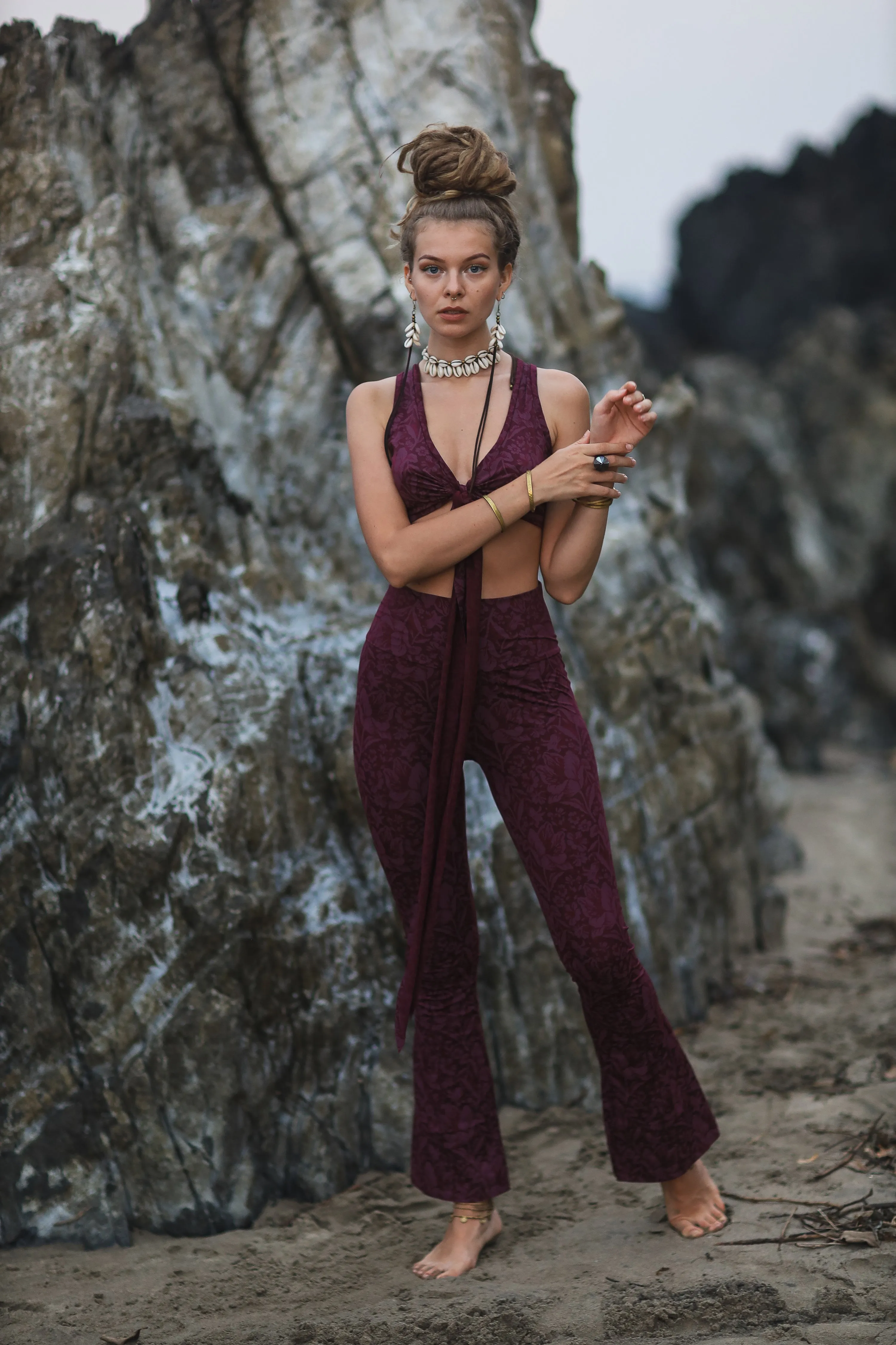 Flare Yoga Pants For Women In Bordeaux Print (Lycra Fabric)
