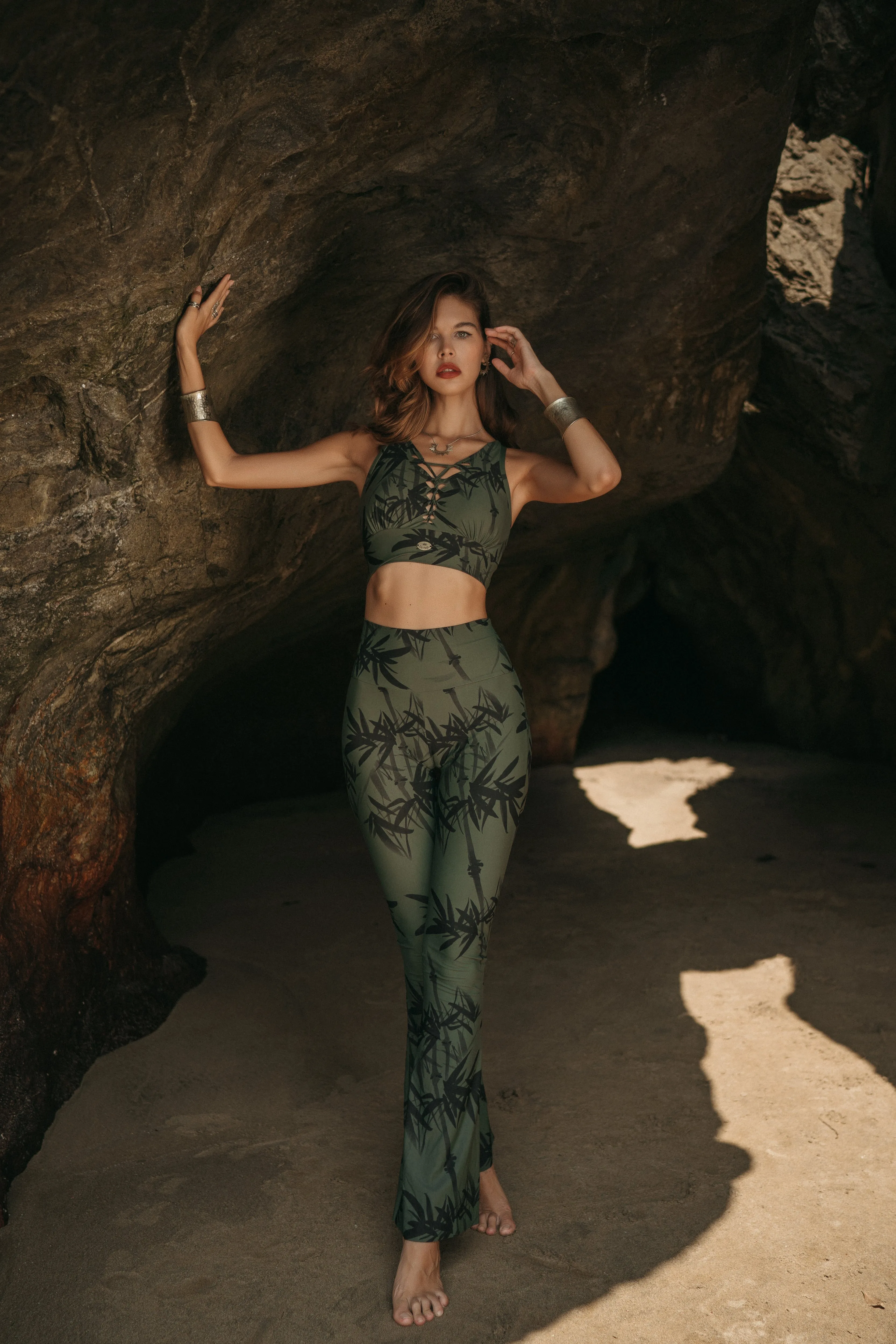 Flare Yoga Pants For Women In Printed Olive Green Color (Lycra Fabric)