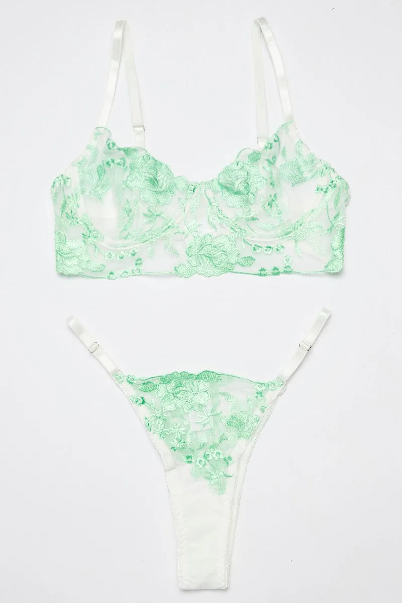 Green Floral Embroidered Lingerie Set