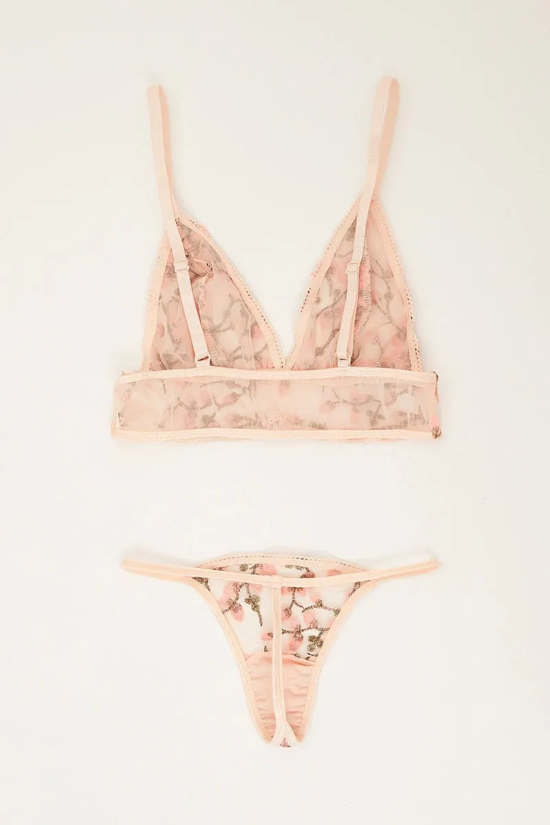 Pink Appliques Mesh Lingerie Set