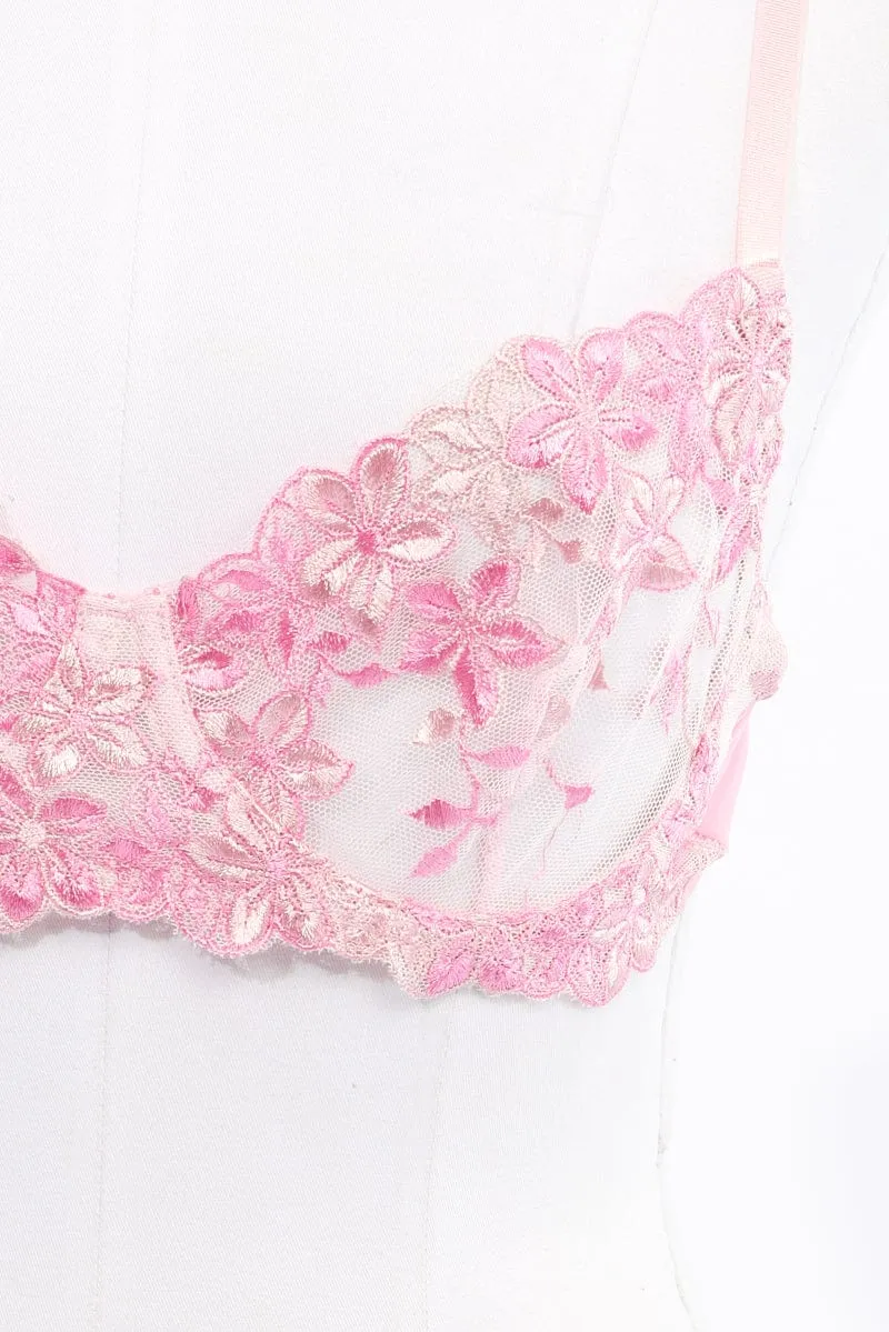 Pink Floral Embroidery Lingerie Set