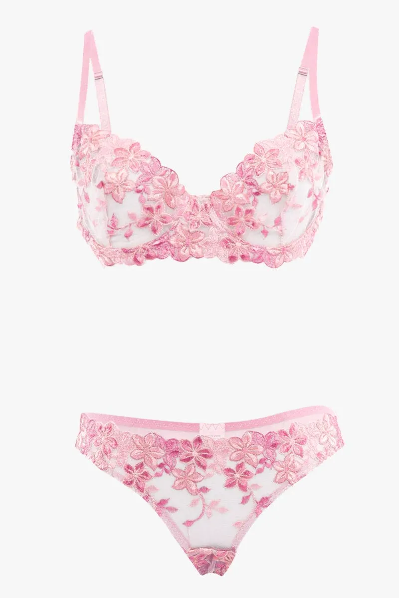 Pink Floral Embroidery Lingerie Set