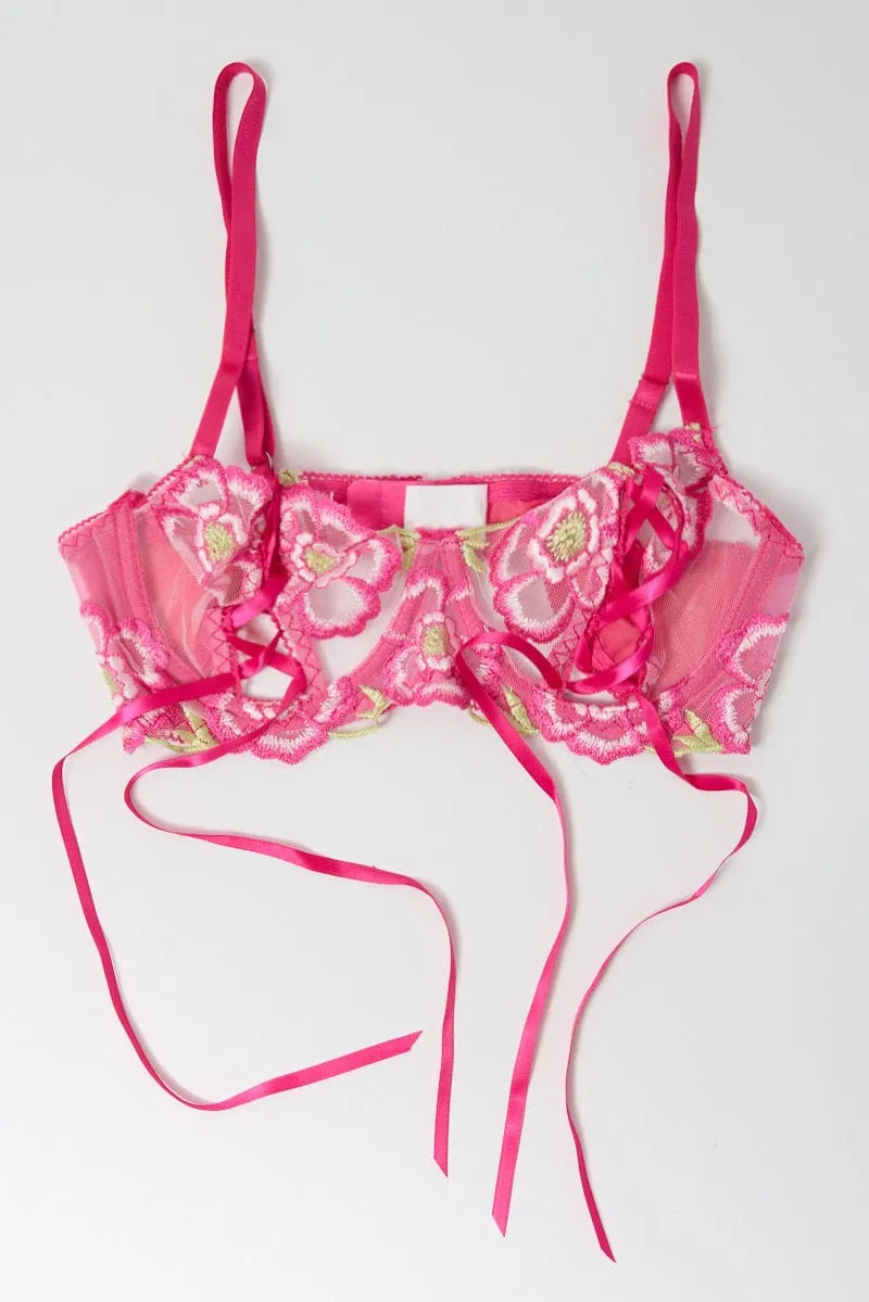 Pink Floral Embroidery Lingerie Set