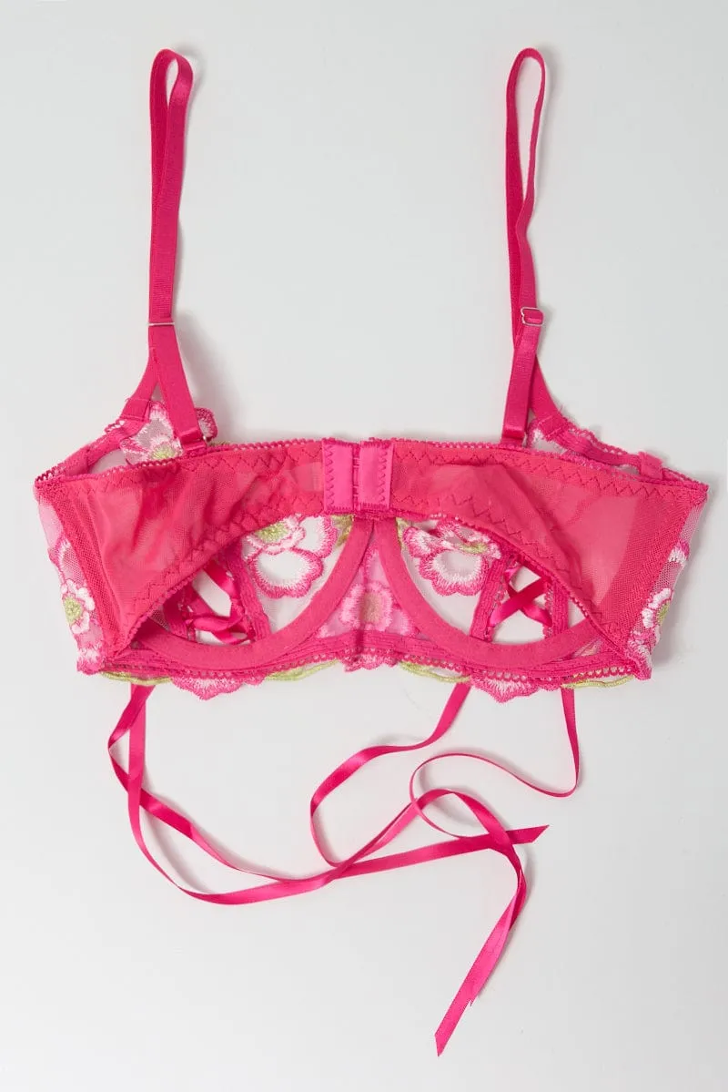 Pink Floral Embroidery Lingerie Set