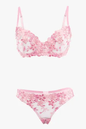 Pink Floral Embroidery Lingerie Set