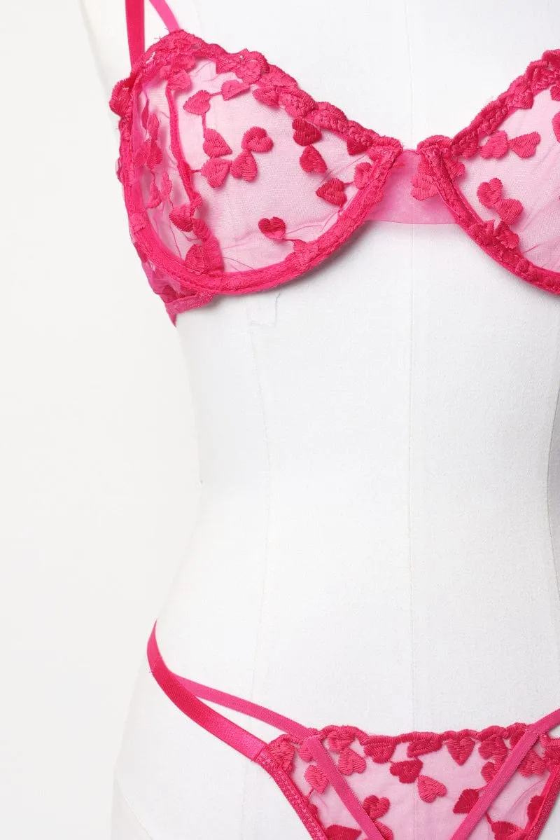 Pink Heart Embroidery Lingerie Set