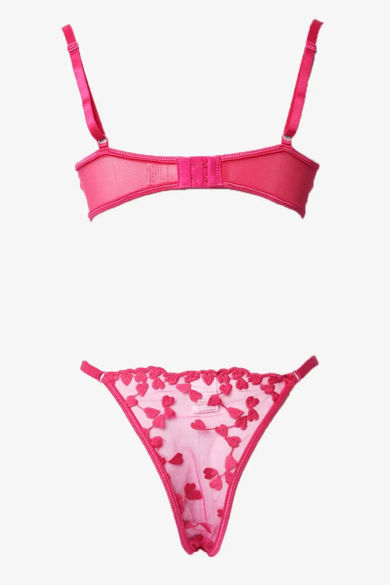 Pink Heart Embroidery Lingerie Set