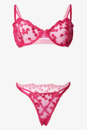 Pink Heart Embroidery Lingerie Set