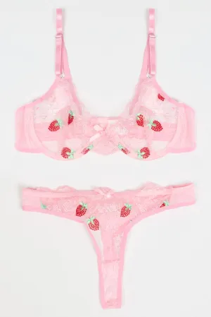 Pink Strawberry Embroidery Lingerie Set