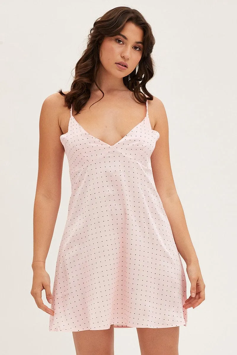 Polka Dot Satin Slip Sleeveless V-Neck Nightgown
