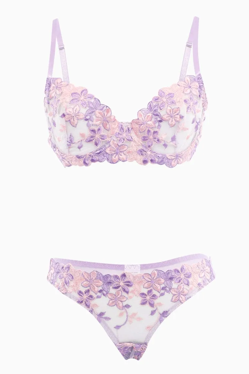 Purple Floral Embroidery Lingerie Set