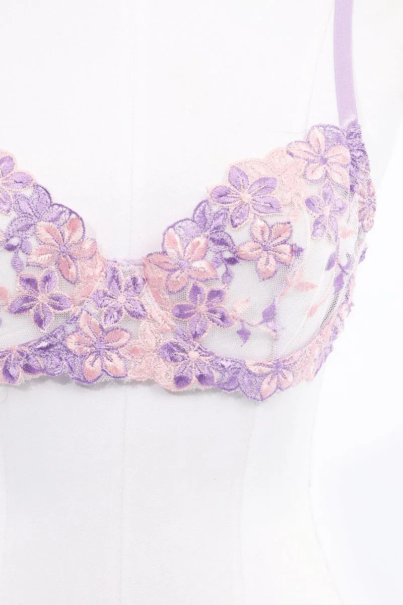 Purple Floral Embroidery Lingerie Set