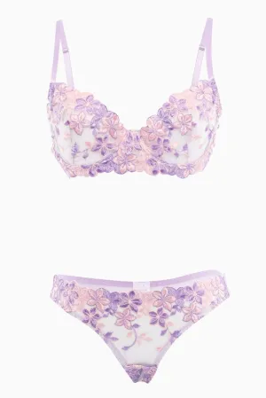 Purple Floral Embroidery Lingerie Set