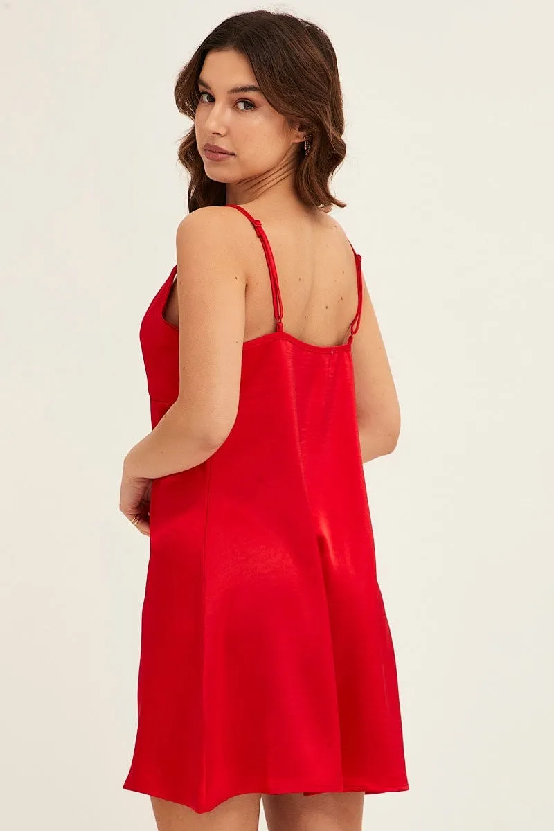 Red Satin Slip Sleeveless V-Neck Nightgown
