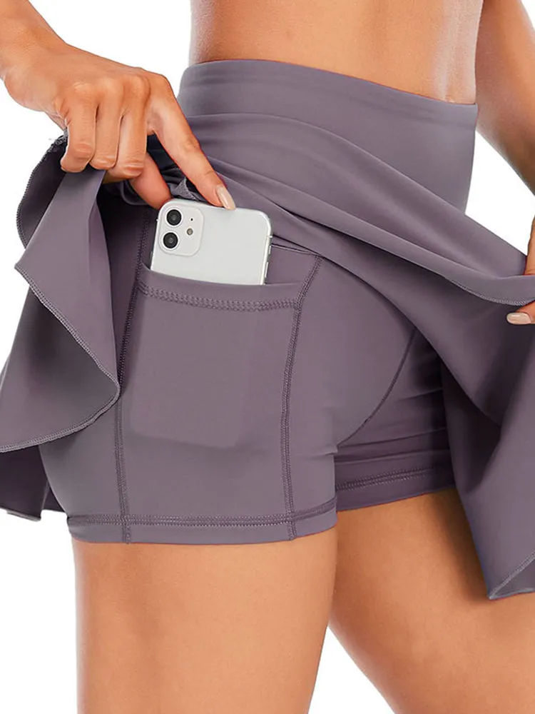 Solid Color Athletic Skorts Skirts with Shorts Pockets