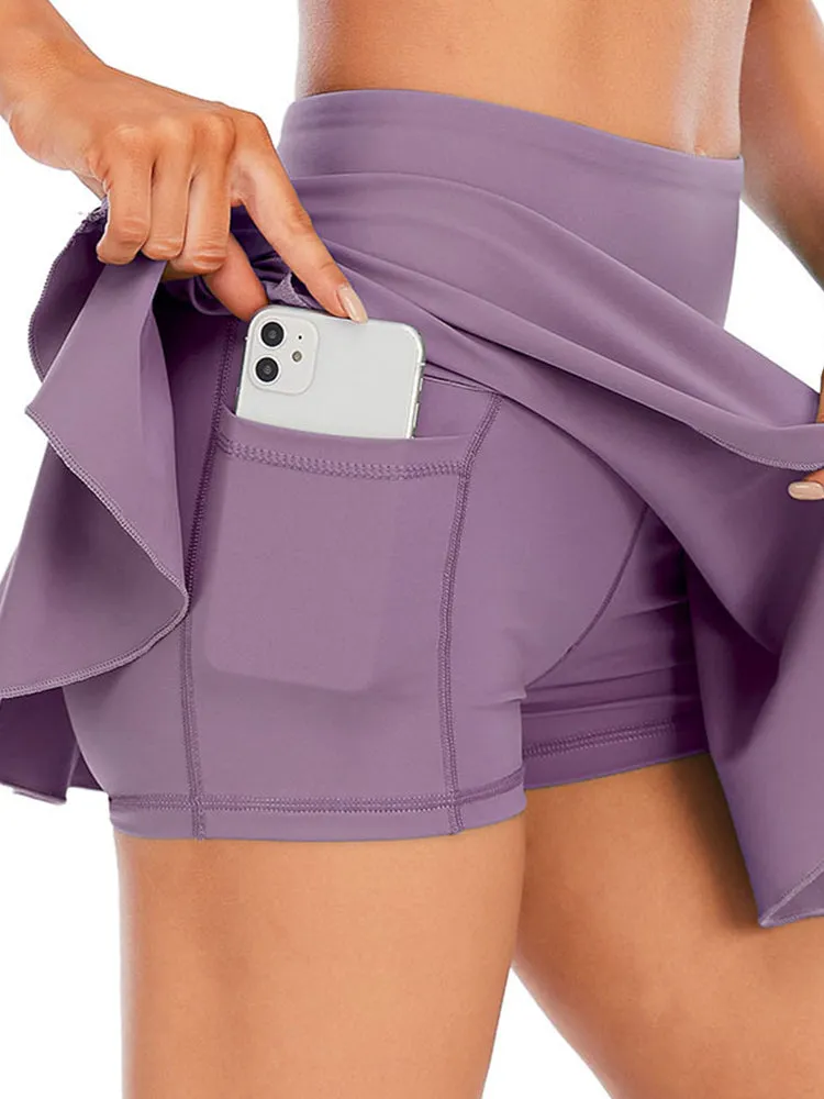 Solid Color Athletic Skorts Skirts with Shorts Pockets