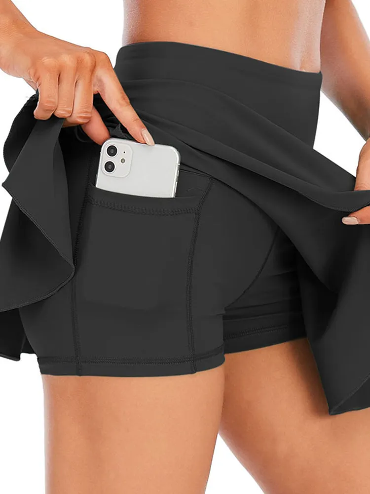 Solid Color Athletic Skorts Skirts with Shorts Pockets