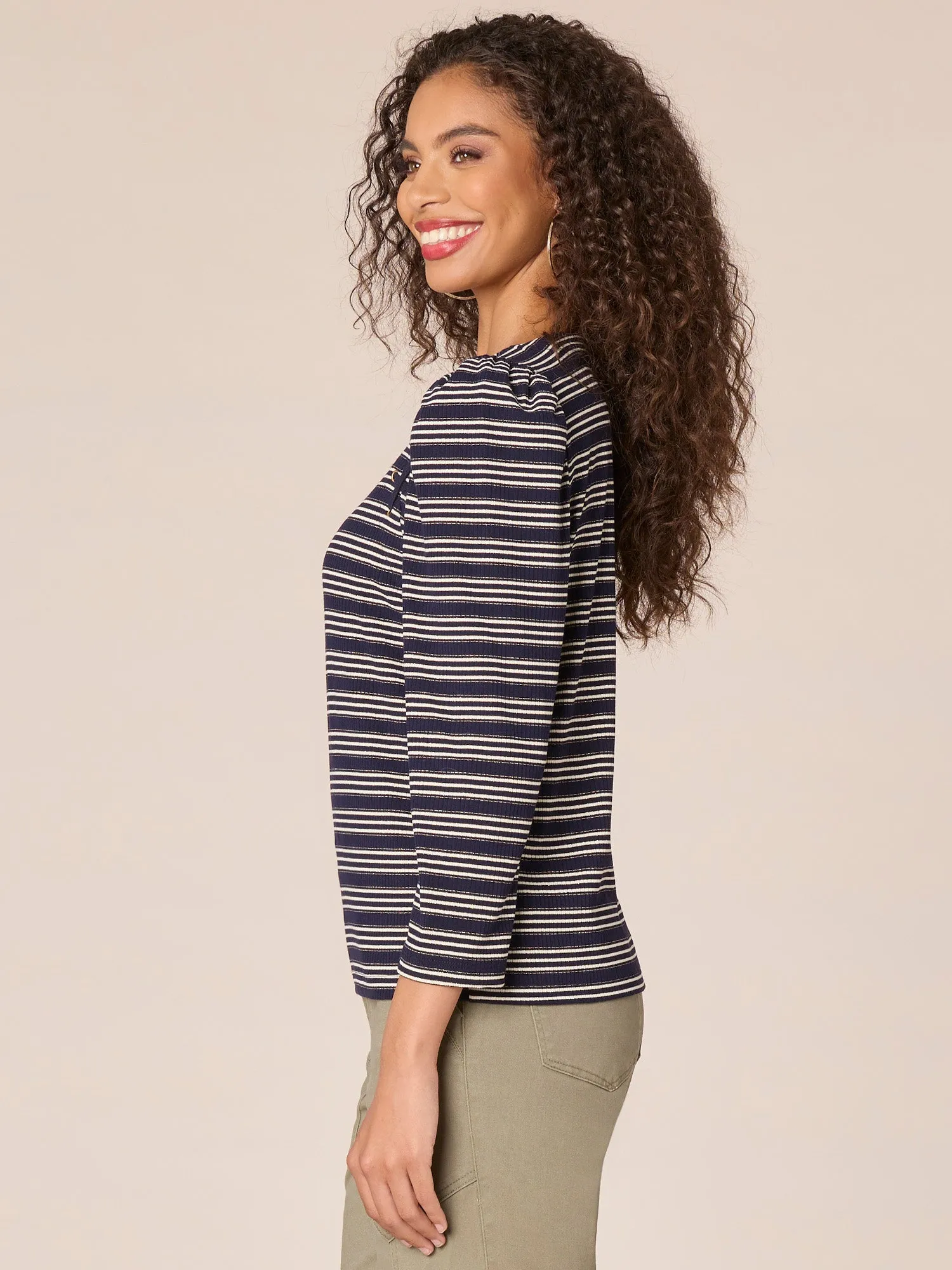 Three Quarter Sleeve Scoop Neck Stripe Knit Top with Lace Up Yoke
