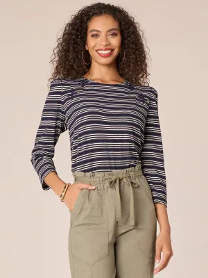 Three Quarter Sleeve Scoop Neck Stripe Knit Top with Lace Up Yoke