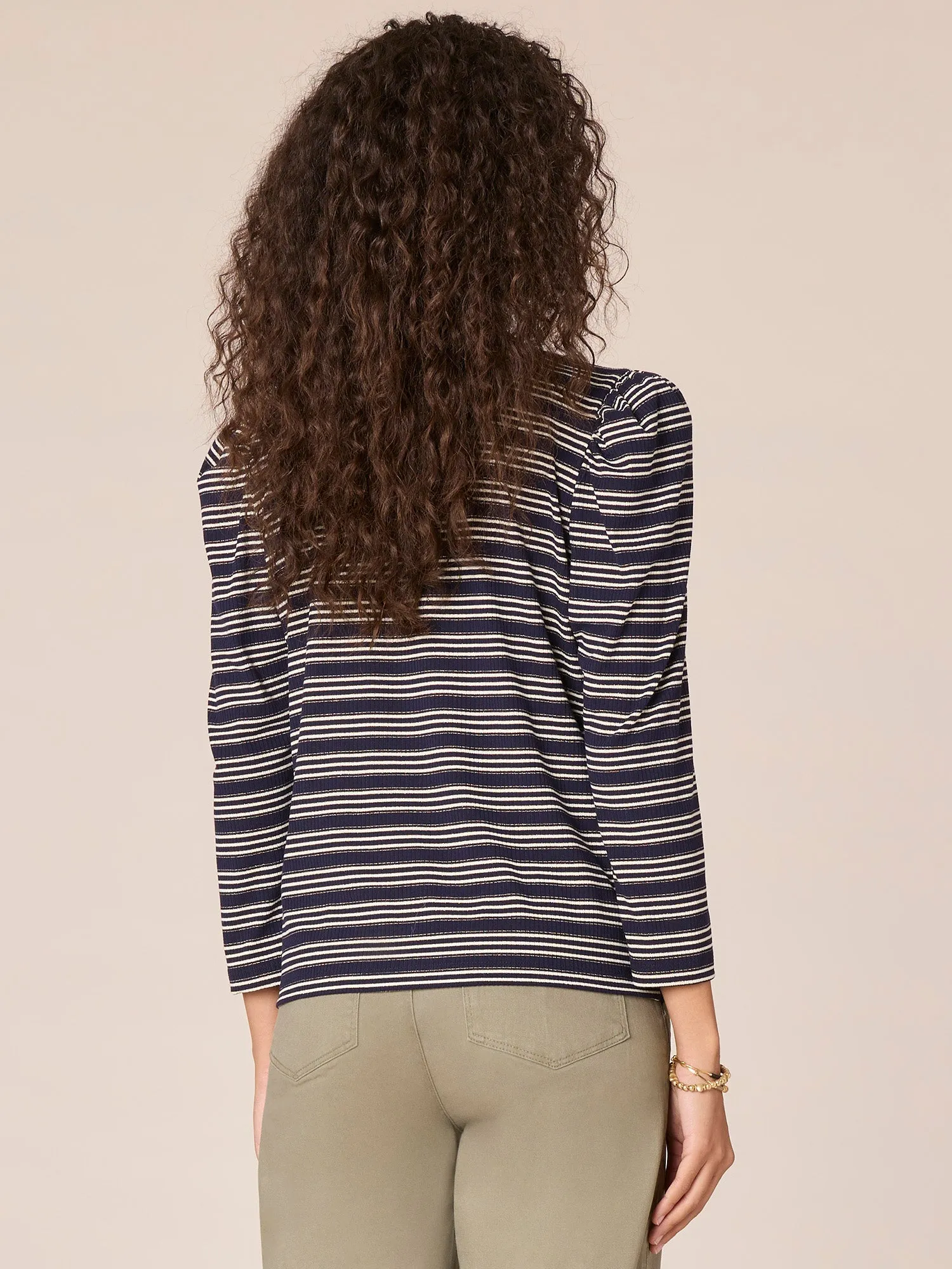 Three Quarter Sleeve Scoop Neck Stripe Knit Top with Lace Up Yoke