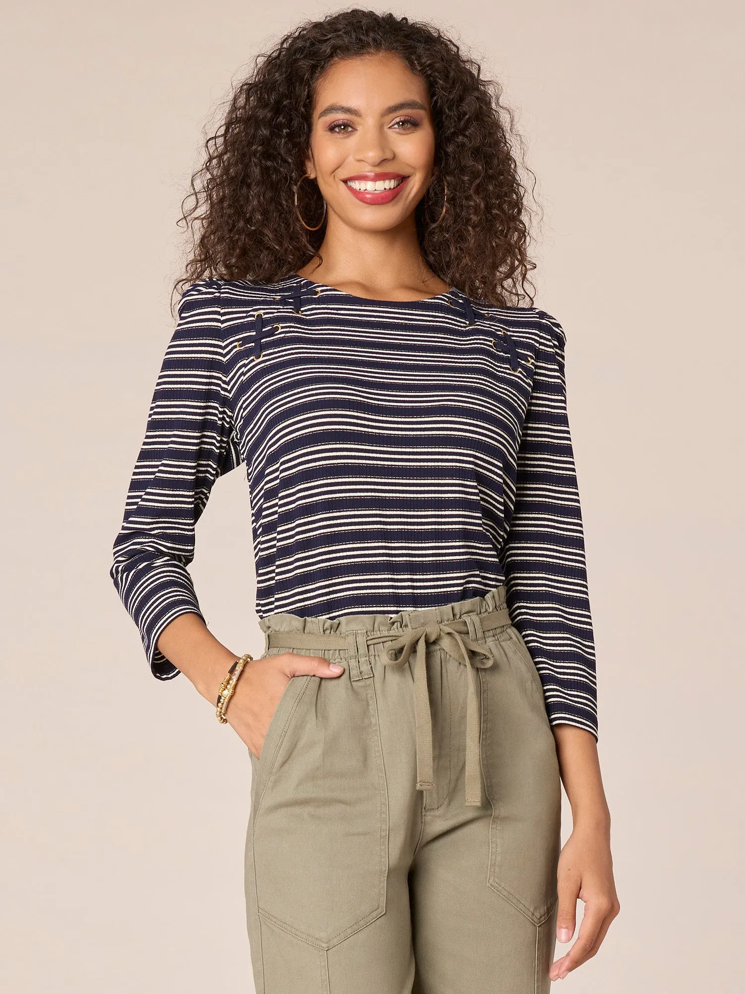 Three Quarter Sleeve Scoop Neck Stripe Knit Top with Lace Up Yoke