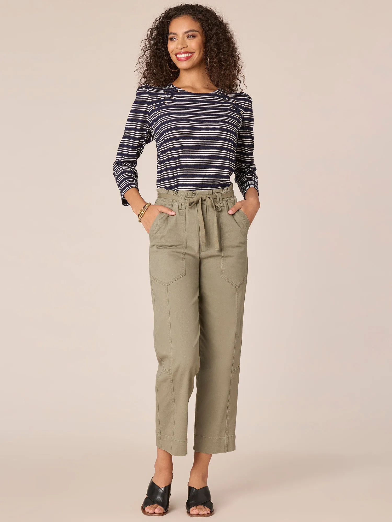 Three Quarter Sleeve Scoop Neck Stripe Knit Top with Lace Up Yoke