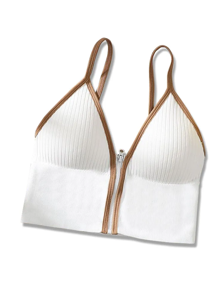 Women's V-Neck Zipper Front Wirefree Removable Pads Yoga Bra