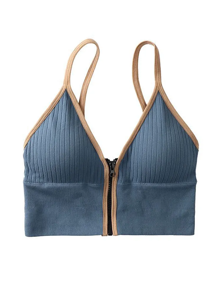 Women's V-Neck Zipper Front Wirefree Removable Pads Yoga Bra