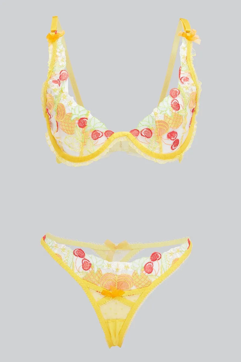 Yellow Fruit Embroidery Lingerie Set
