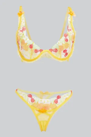 Yellow Fruit Embroidery Lingerie Set